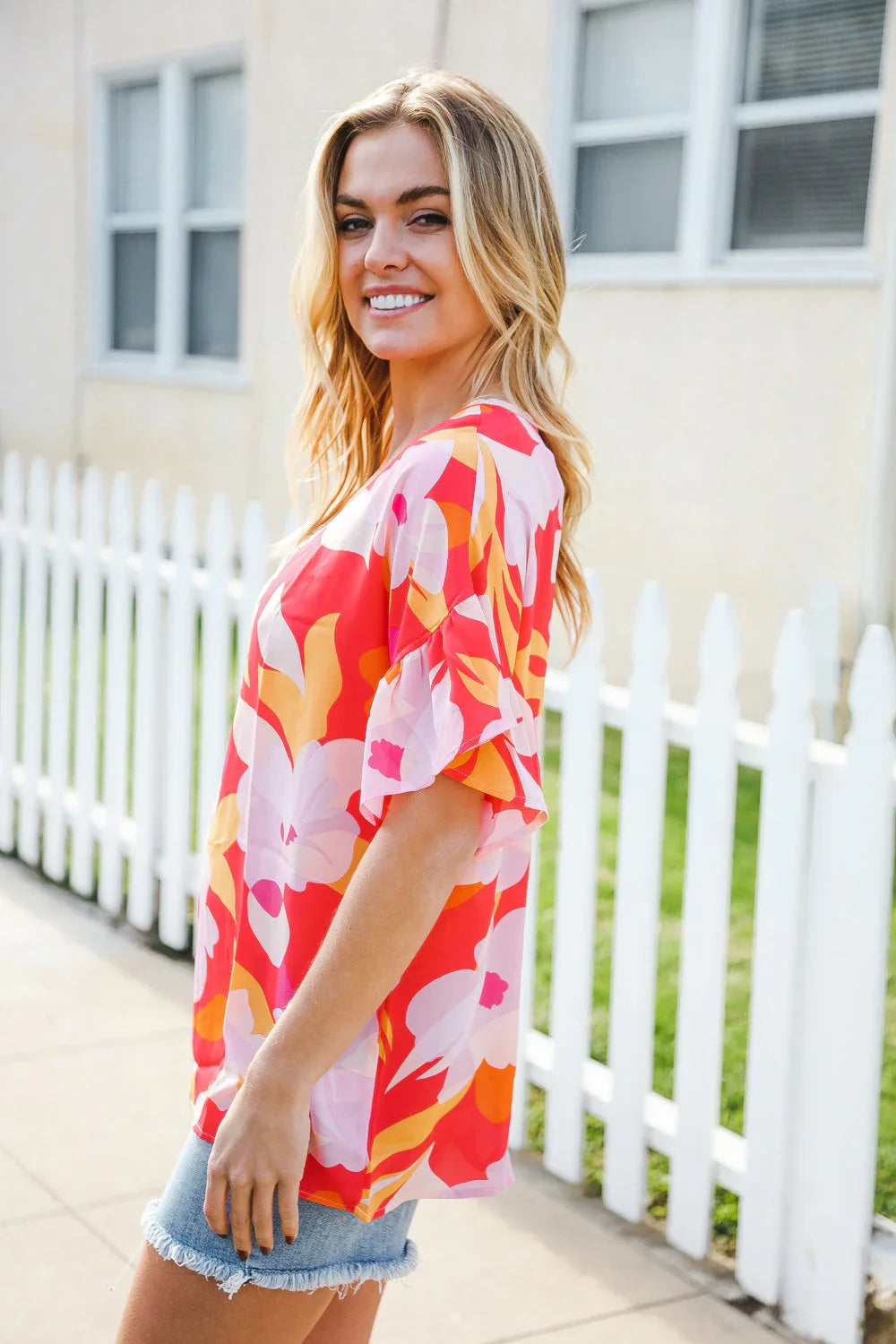 Tropical Vibes Peach Floral Dolman Ruffle Frill Sleeve Blouse | 2024 Summer Blow Out Sale Daverri Fashions