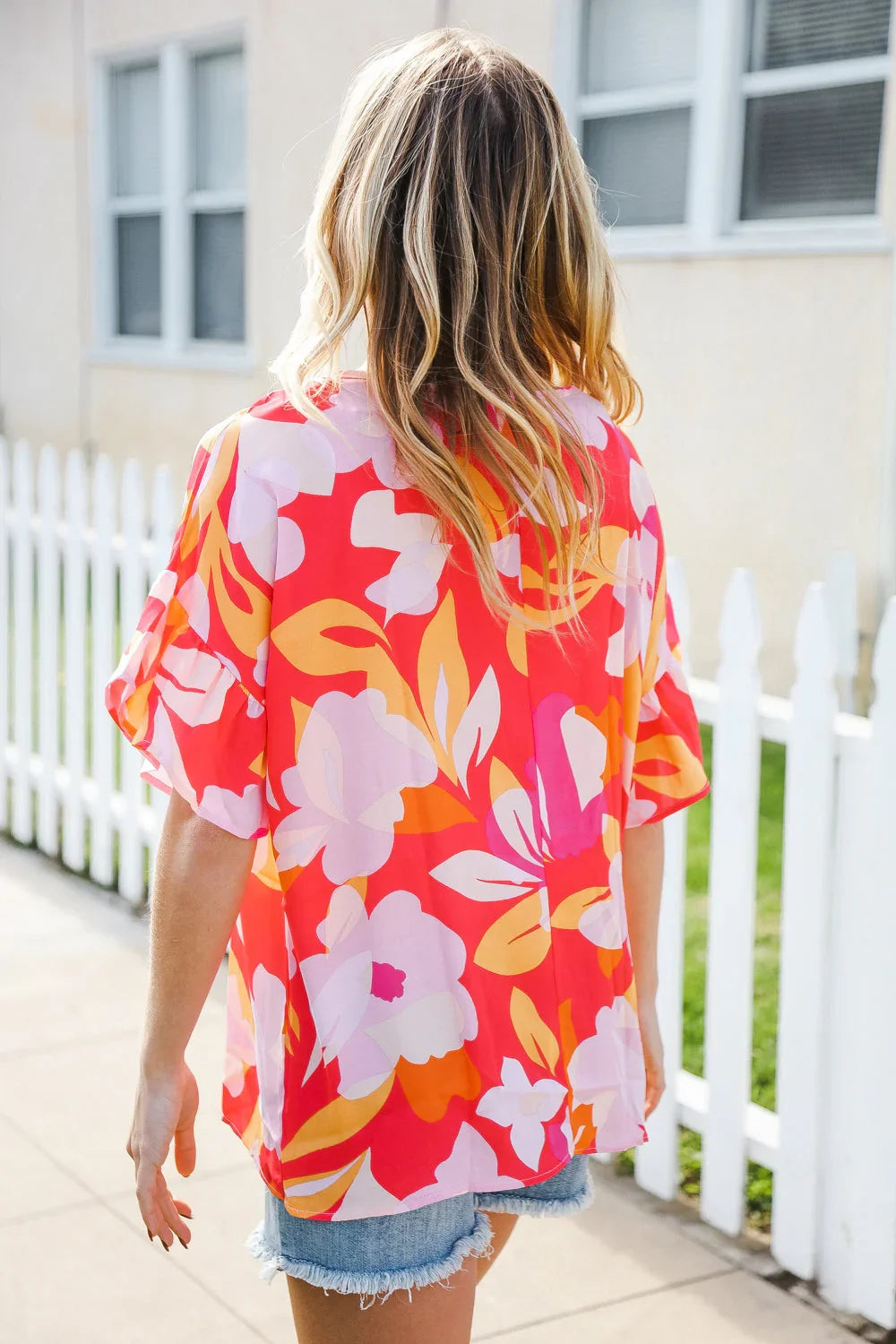Tropical Vibes Peach Floral Dolman Ruffle Frill Sleeve Blouse | 2024 Summer Blow Out Sale Daverri Fashions