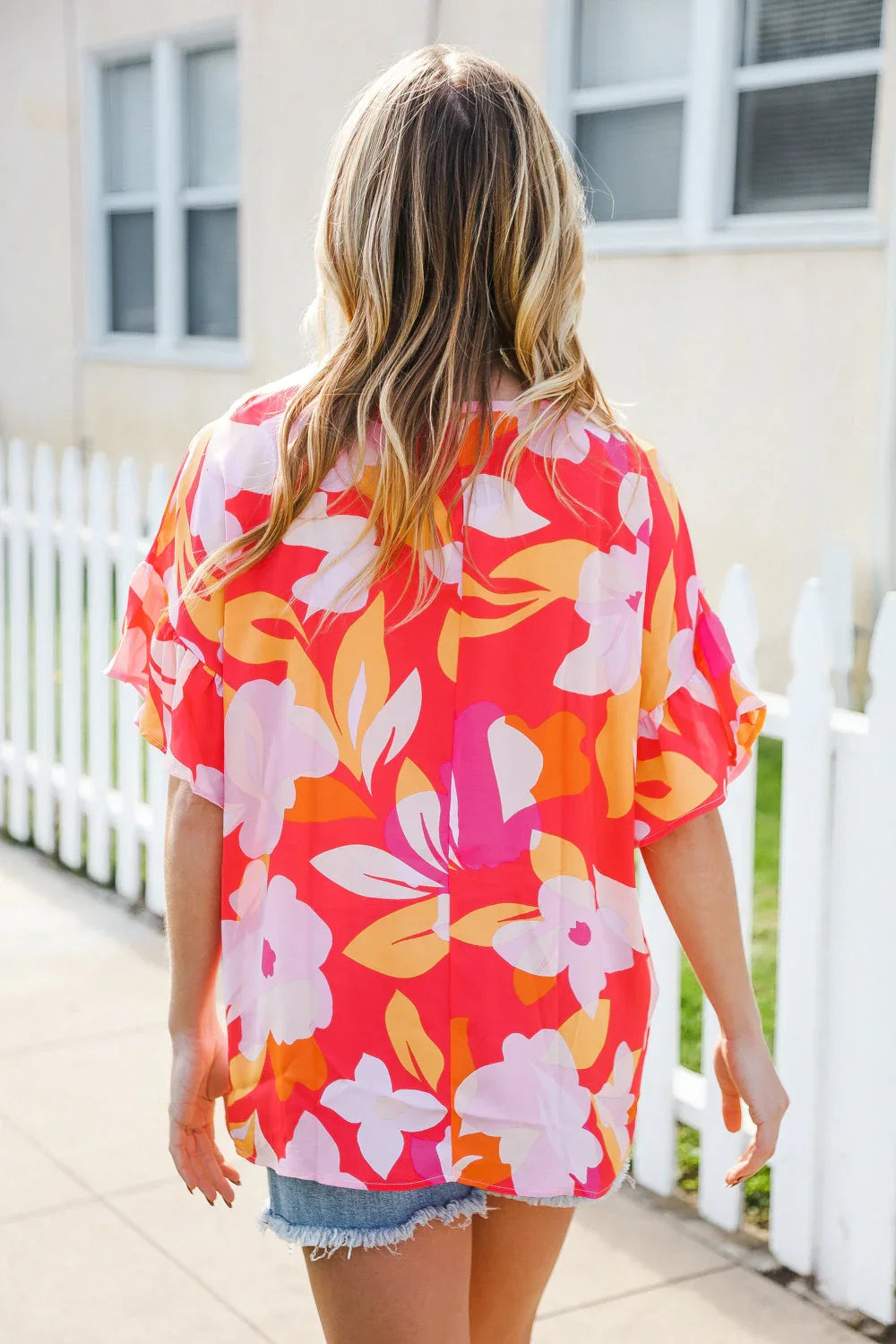 Tropical Vibes Peach Floral Dolman Ruffle Frill Sleeve Blouse | 2024 Summer Blow Out Sale Daverri Fashions