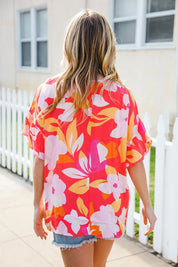 Tropical Vibes Peach Floral Dolman Ruffle Frill Sleeve Blouse | 2024 Summer Blow Out Sale Daverri Fashions