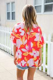 Tropical Vibes Peach Floral Dolman Ruffle Frill Sleeve Blouse | 2024 Summer Blow Out Sale Daverri Fashions