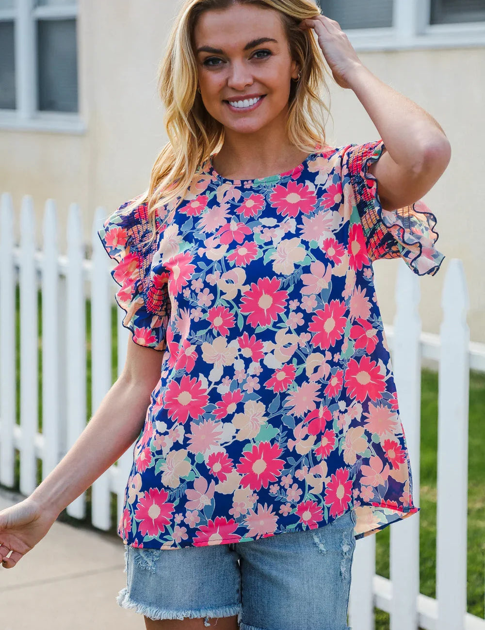 Vacay Ready Blue & Fuchsia Floral Smocked Ruffle Sleeve Top | 2024 Blow-Out Sale Daverri Fashions