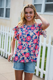 Vacay Ready Blue & Fuchsia Floral Smocked Ruffle Sleeve Top | 2024 Blow-Out Sale Daverri Fashions