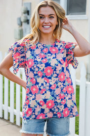 Vacay Ready Blue & Fuchsia Floral Smocked Ruffle Sleeve Top | 2024 Blow-Out Sale Daverri Fashions