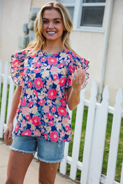 Vacay Ready Blue & Fuchsia Floral Smocked Ruffle Sleeve Top | 2024 Blow-Out Sale Daverri Fashions