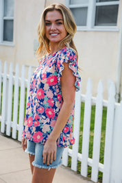 Vacay Ready Blue & Fuchsia Floral Smocked Ruffle Sleeve Top | 2024 Blow-Out Sale Daverri Fashions