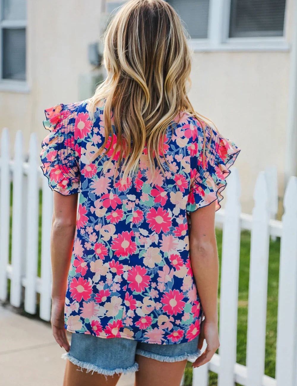 Vacay Ready Blue & Fuchsia Floral Smocked Ruffle Sleeve Top | 2024 Blow-Out Sale Daverri Fashions