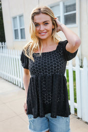 Spring Vibes Midnight Eyelet Puff Sleeve Babydoll Top | Daverri Fashions