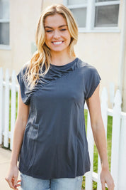 Charming In Charcoal Asymmetrical Shirred Modal Top | 07-01-25 Summer Sale Daverri Fashions