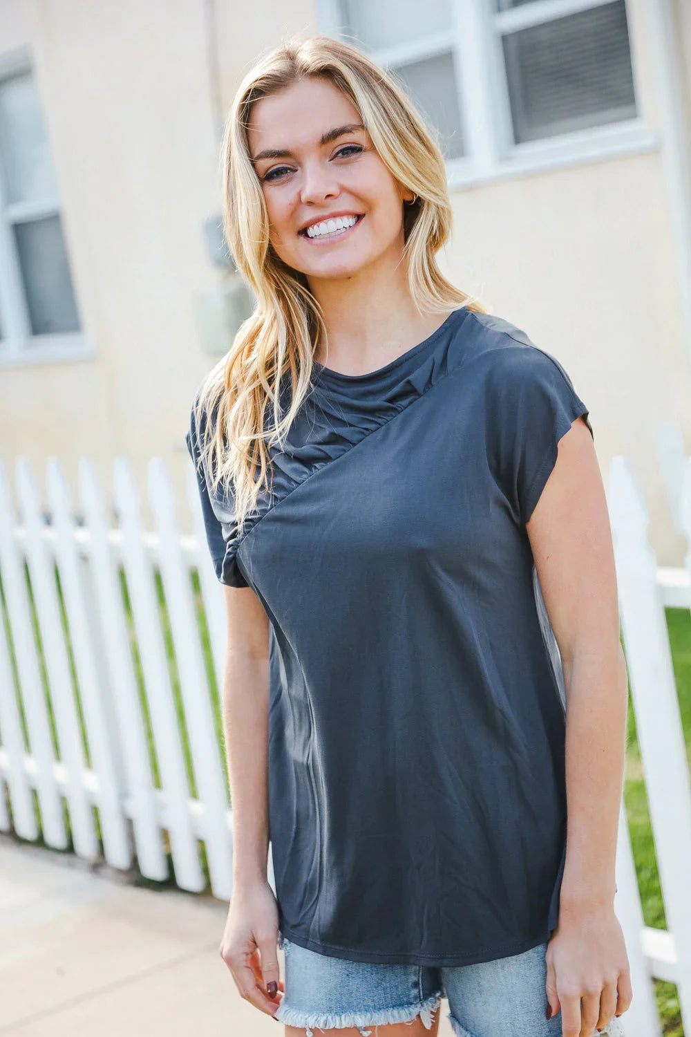 Charming In Charcoal Asymmetrical Shirred Modal Top | 07-01-25 Summer Sale Daverri Fashions