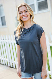 Charming In Charcoal Asymmetrical Shirred Modal Top | 07-01-25 Summer Sale Daverri Fashions