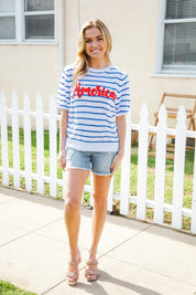 America Proud Blue Striped Embroidered Puff Sleeve Top | Daverri Fashions