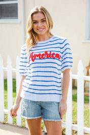 America Proud Blue Striped Embroidered Puff Sleeve Top | Daverri Fashions