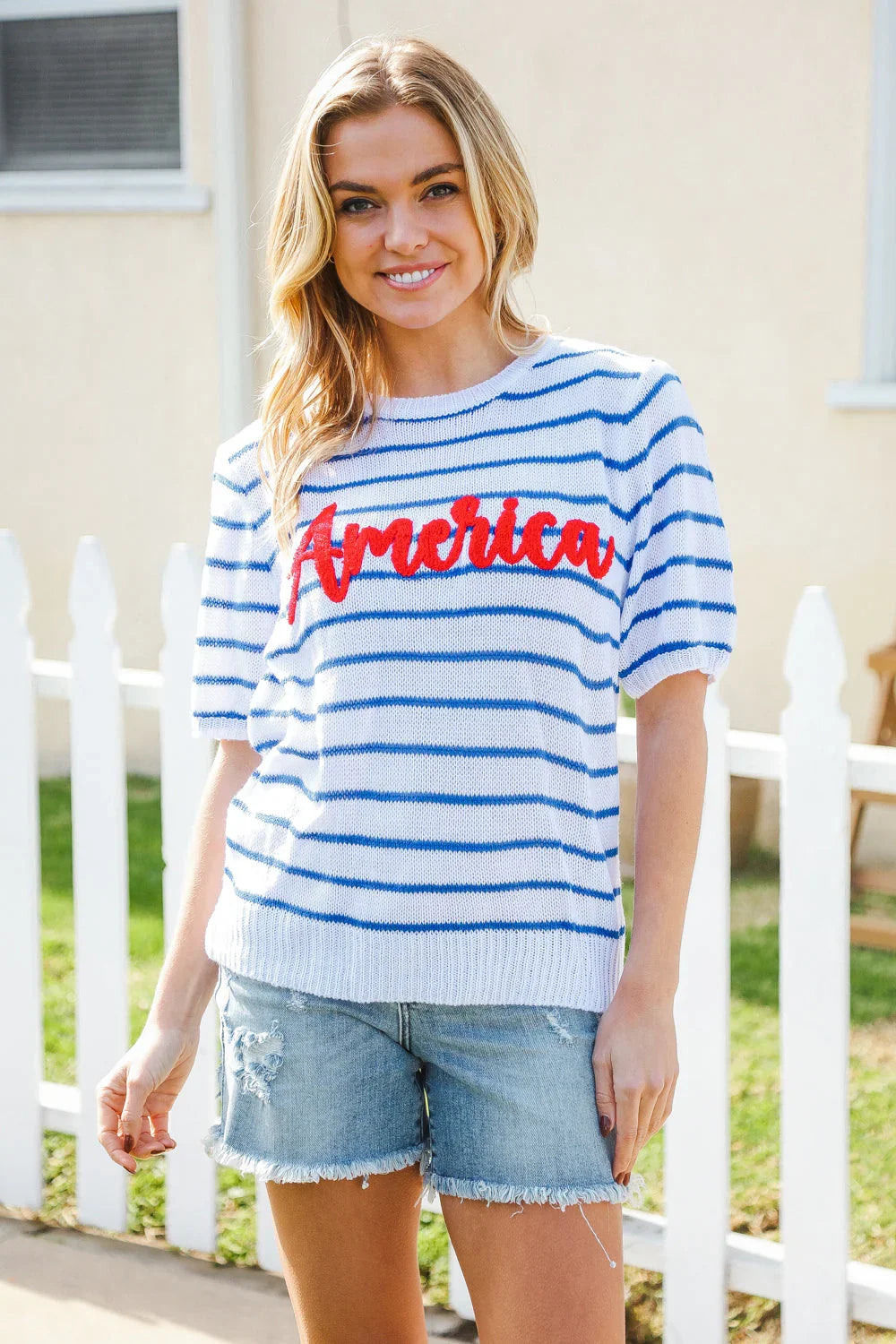America Proud Blue Striped Embroidered Puff Sleeve Top | Daverri Fashions