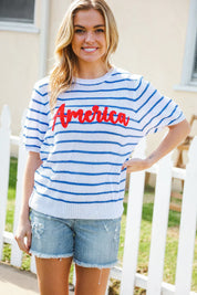 America Proud Blue Striped Embroidered Puff Sleeve Top | Daverri Fashions