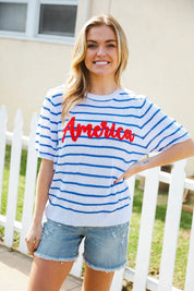 America Proud Blue Striped Embroidered Puff Sleeve Top | Daverri Fashions