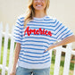 America Proud Blue Striped Embroidered Puff Sleeve Top - DAVERRI FASHIONS