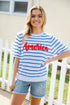 America Proud Blue Striped Embroidered Puff Sleeve Top - DAVERRI FASHIONS