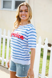 America Proud Blue Striped Embroidered Puff Sleeve Top | Daverri Fashions