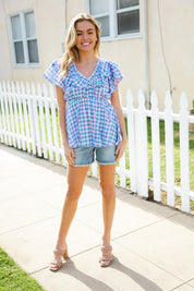 Hello Beautiful Blue Plaid V Neck Ruffle Elastic Babydoll Top | 2024 Blow-Out Sale Daverri Fashions