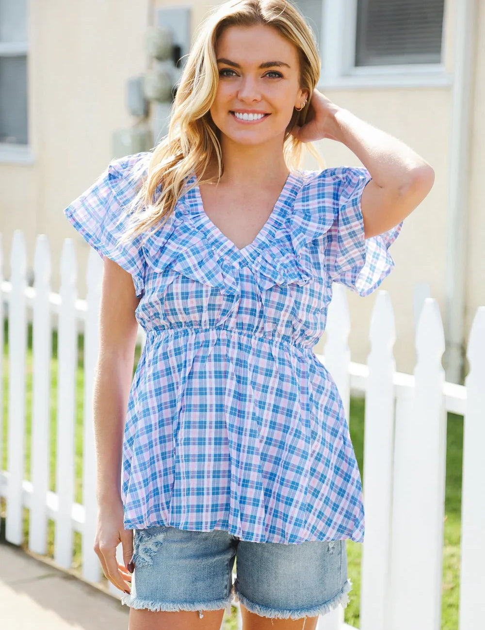Hello Beautiful Blue Plaid V Neck Ruffle Elastic Babydoll Top | 2024 Blow-Out Sale Daverri Fashions
