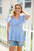 Hello Beautiful Blue Plaid V Neck Ruffle Elastic Babydoll Top - DAVERRI FASHIONS
