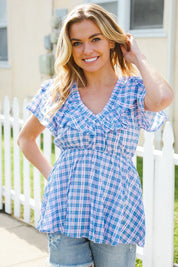 Hello Beautiful Blue Plaid V Neck Ruffle Elastic Babydoll Top | 2024 Blow-Out Sale Daverri Fashions