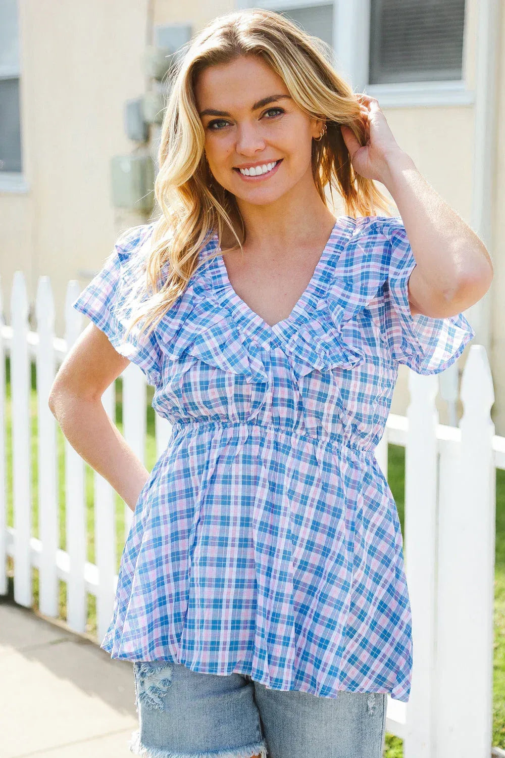 Hello Beautiful Blue Plaid V Neck Ruffle Elastic Babydoll Top - DAVERRI FASHIONS
