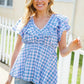Hello Beautiful Blue Plaid V Neck Ruffle Elastic Babydoll Top - DAVERRI FASHIONS