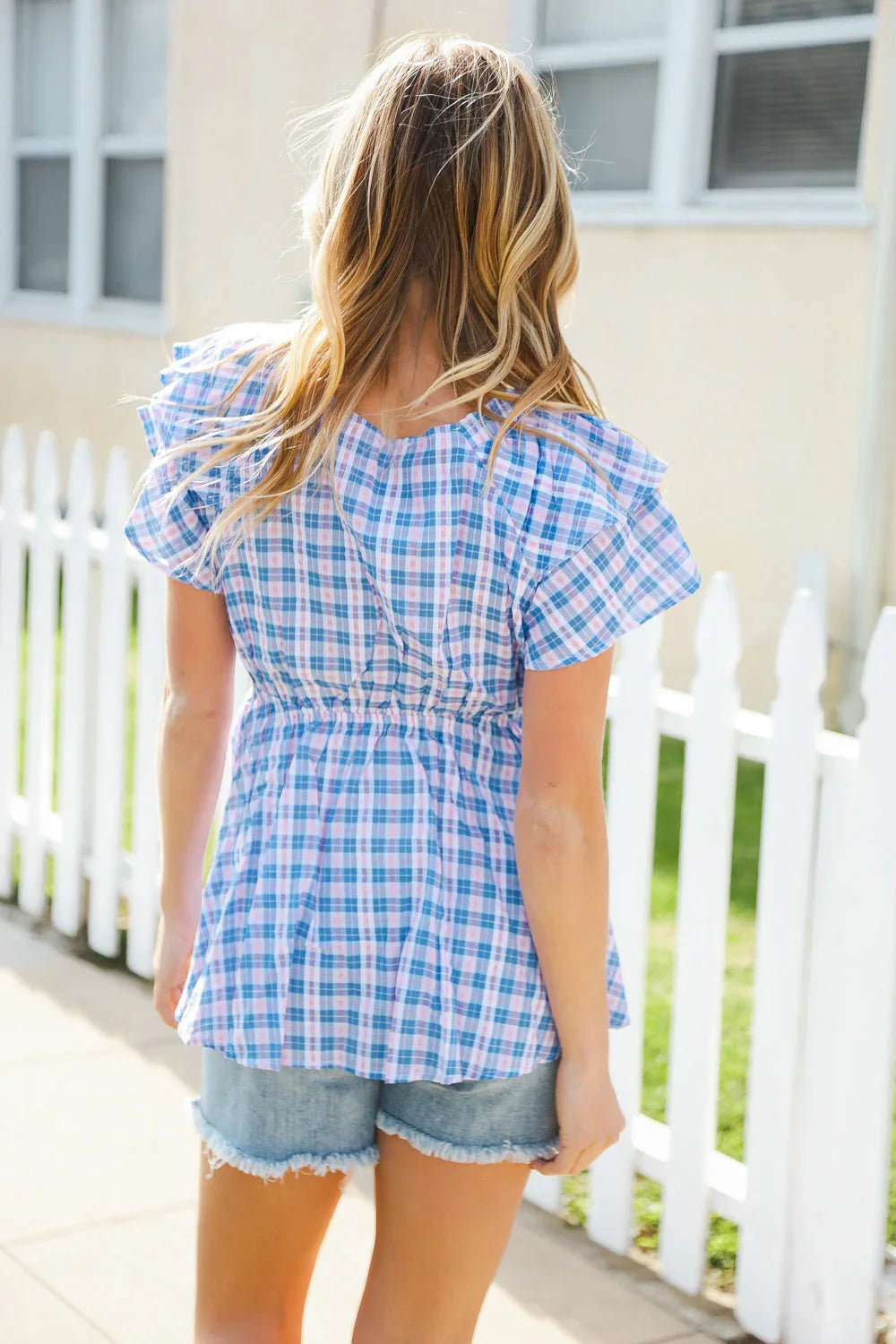 Hello Beautiful Blue Plaid V Neck Ruffle Elastic Babydoll Top | 2024 Blow-Out Sale Daverri Fashions