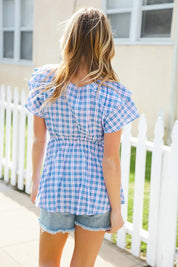 Hello Beautiful Blue Plaid V Neck Ruffle Elastic Babydoll Top | 2024 Blow-Out Sale Daverri Fashions