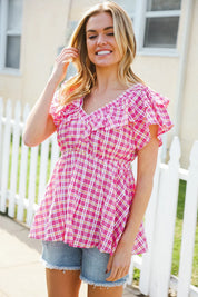 Hello Beautiful Fuchsia Plaid V Neck Ruffle Elastic Babydoll Top | 2024 Blow-Out Sale Daverri Fashions