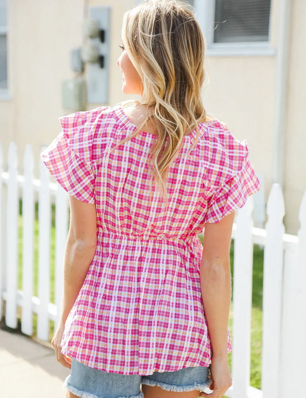 Hello Beautiful Fuchsia Plaid V Neck Ruffle Elastic Babydoll Top | 2024 Blow-Out Sale Daverri Fashions