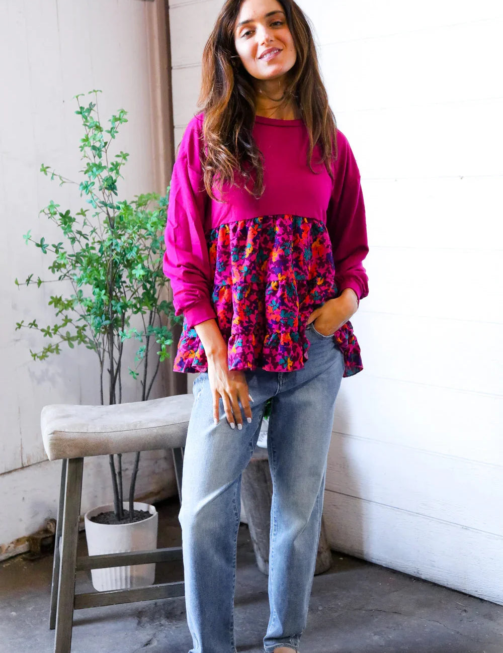 Fuchsia Fizz Drop Shoulder Babydoll Blouse | Daverri Fashions
