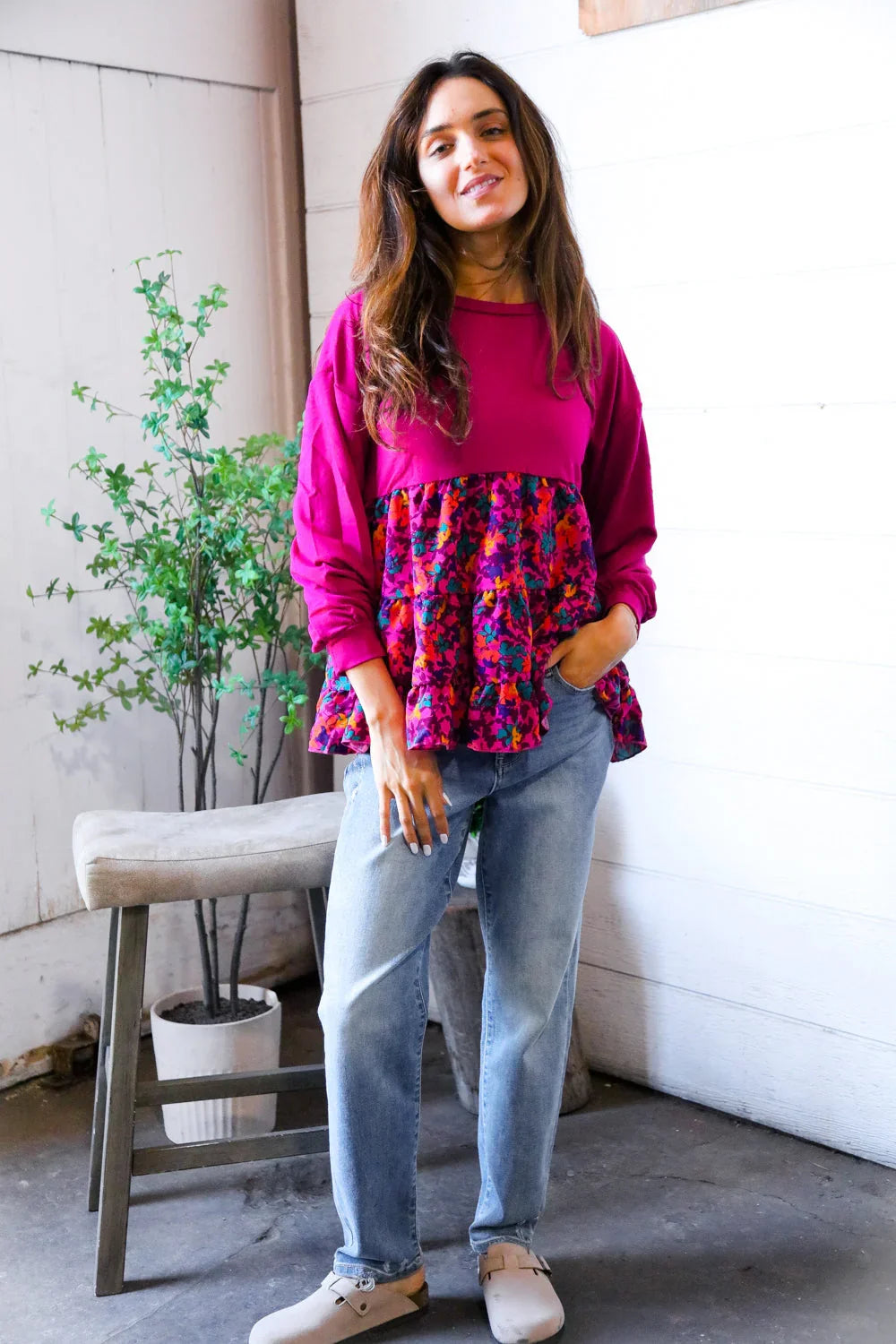 Fuchsia Fizz Drop Shoulder Babydoll Blouse | Daverri Fashions