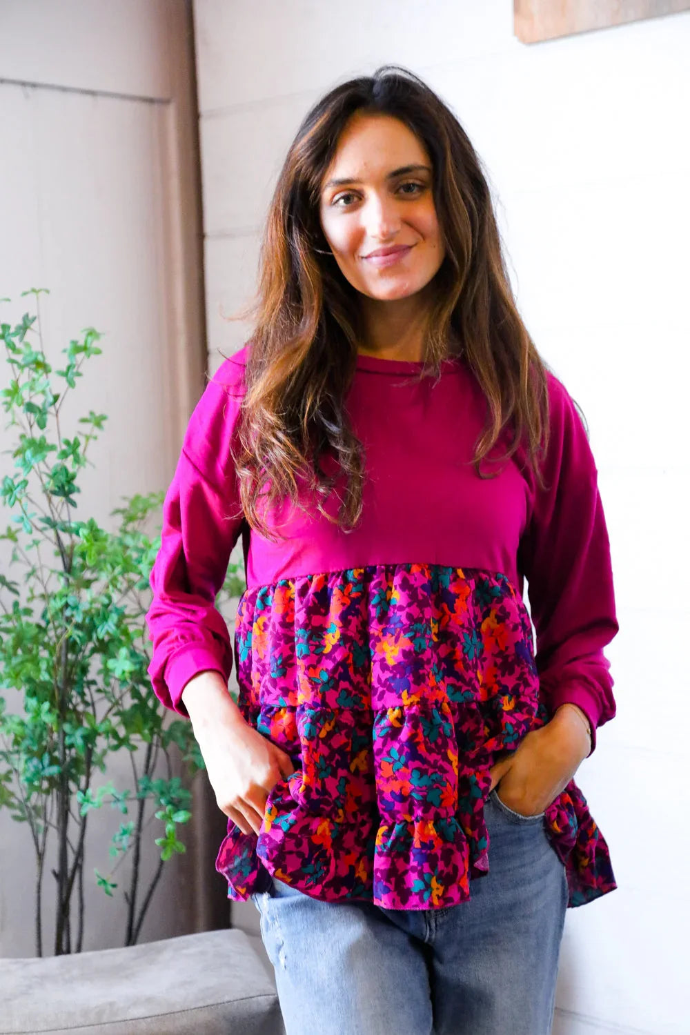 Fuchsia Fizz Drop Shoulder Babydoll Blouse | Daverri Fashions