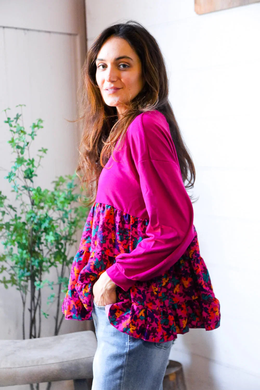 Fuchsia Fizz Drop Shoulder Babydoll Blouse | Daverri Fashions