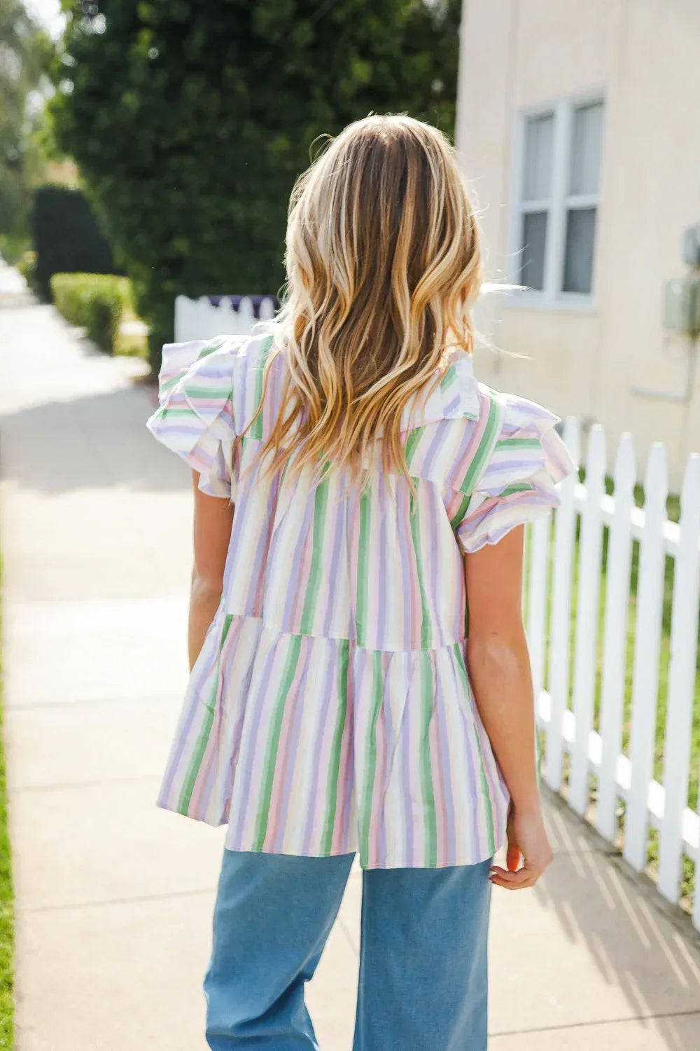 Easy To Love Lavender Stripe Double Ruffle Sleeve Tiered Top - DAVERRI FASHIONS