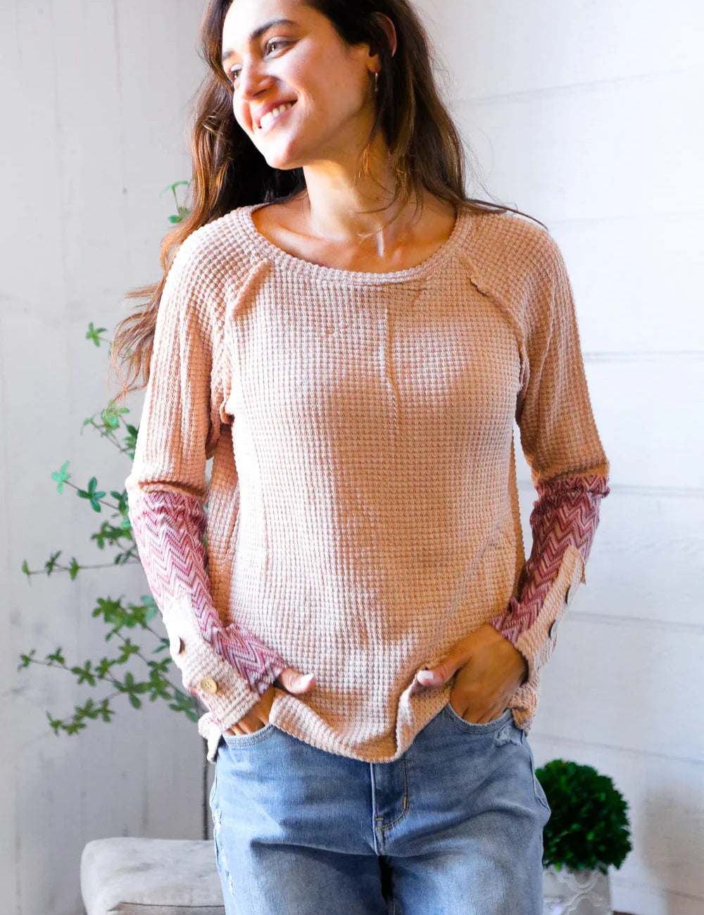 Zigzag Charm Blush Thermal Long Sleeve | Daverri Fashions