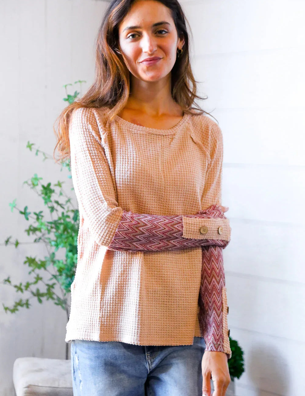 Zigzag Charm Blush Thermal Long Sleeve | Daverri Fashions