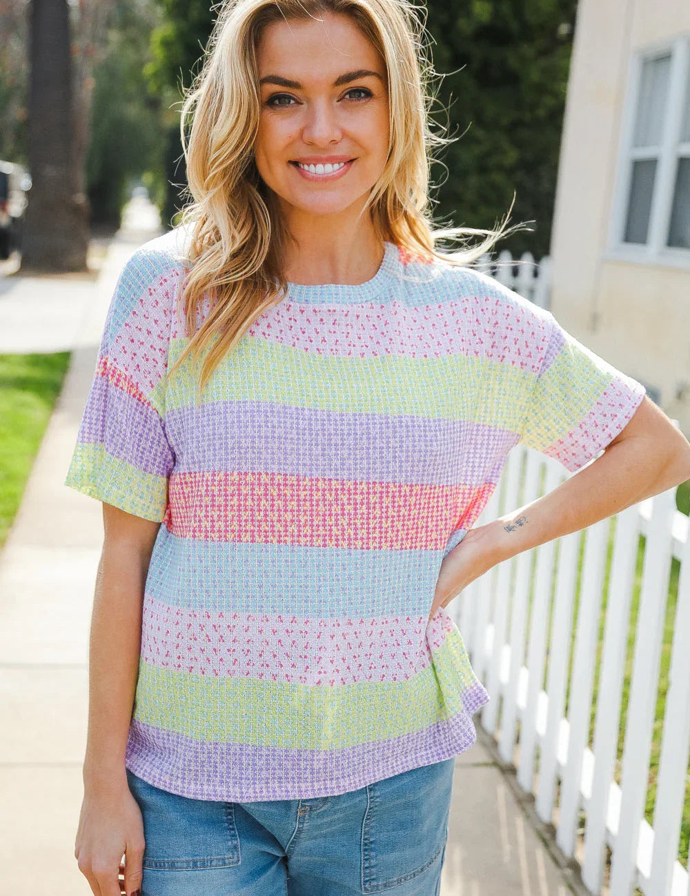 Find Love Lavender & Pink Striped Textured Waffle Knit Top | Daverri Fashions