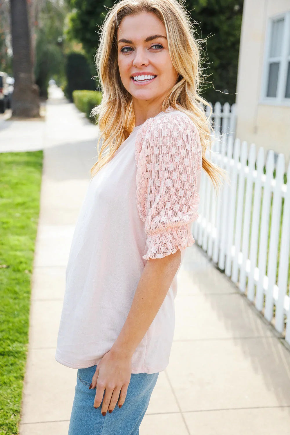 Adorable You Peach French Terry Lace Sleeve Top | Daverri Fashions