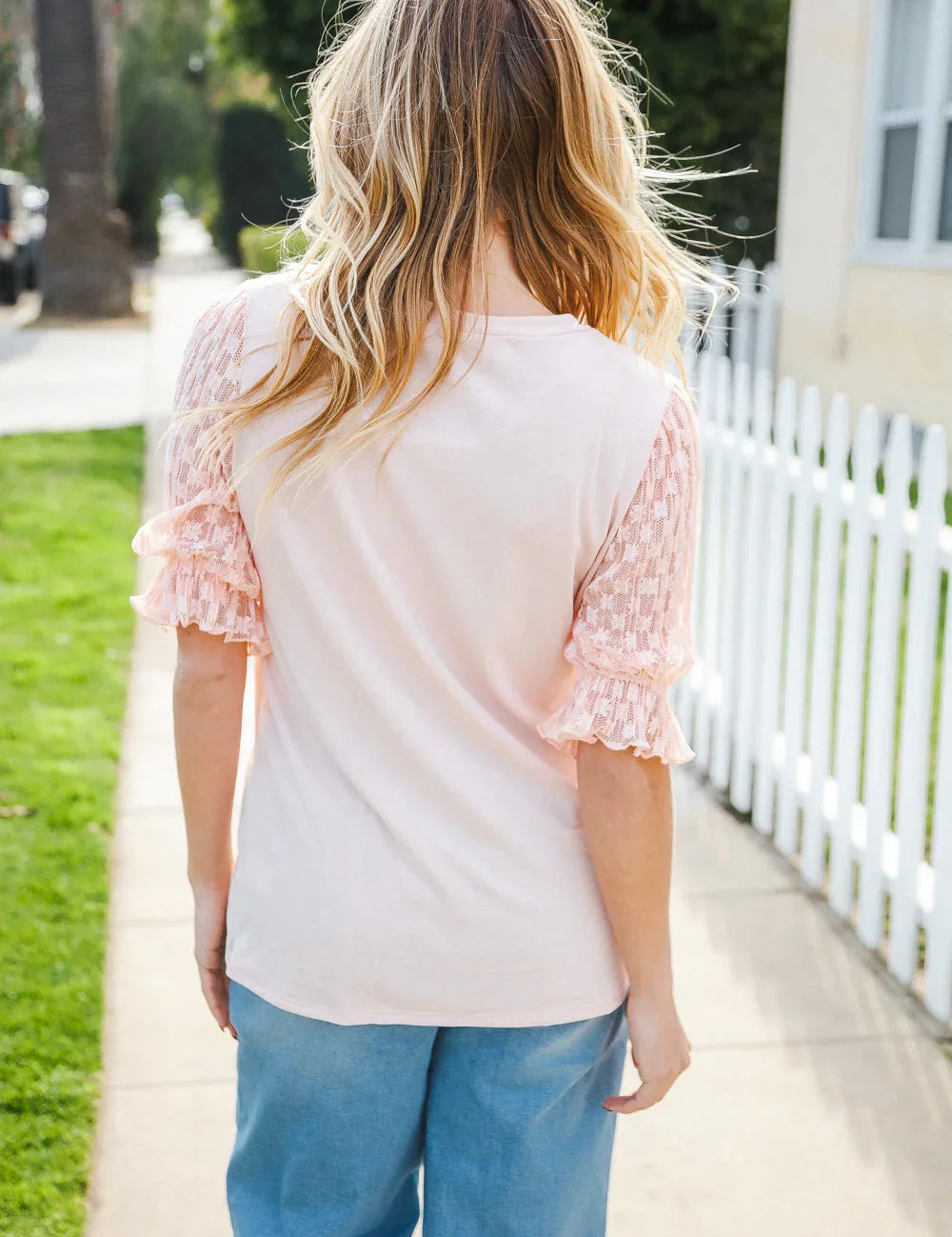 Adorable You Peach French Terry Lace Sleeve Top | Daverri Fashions