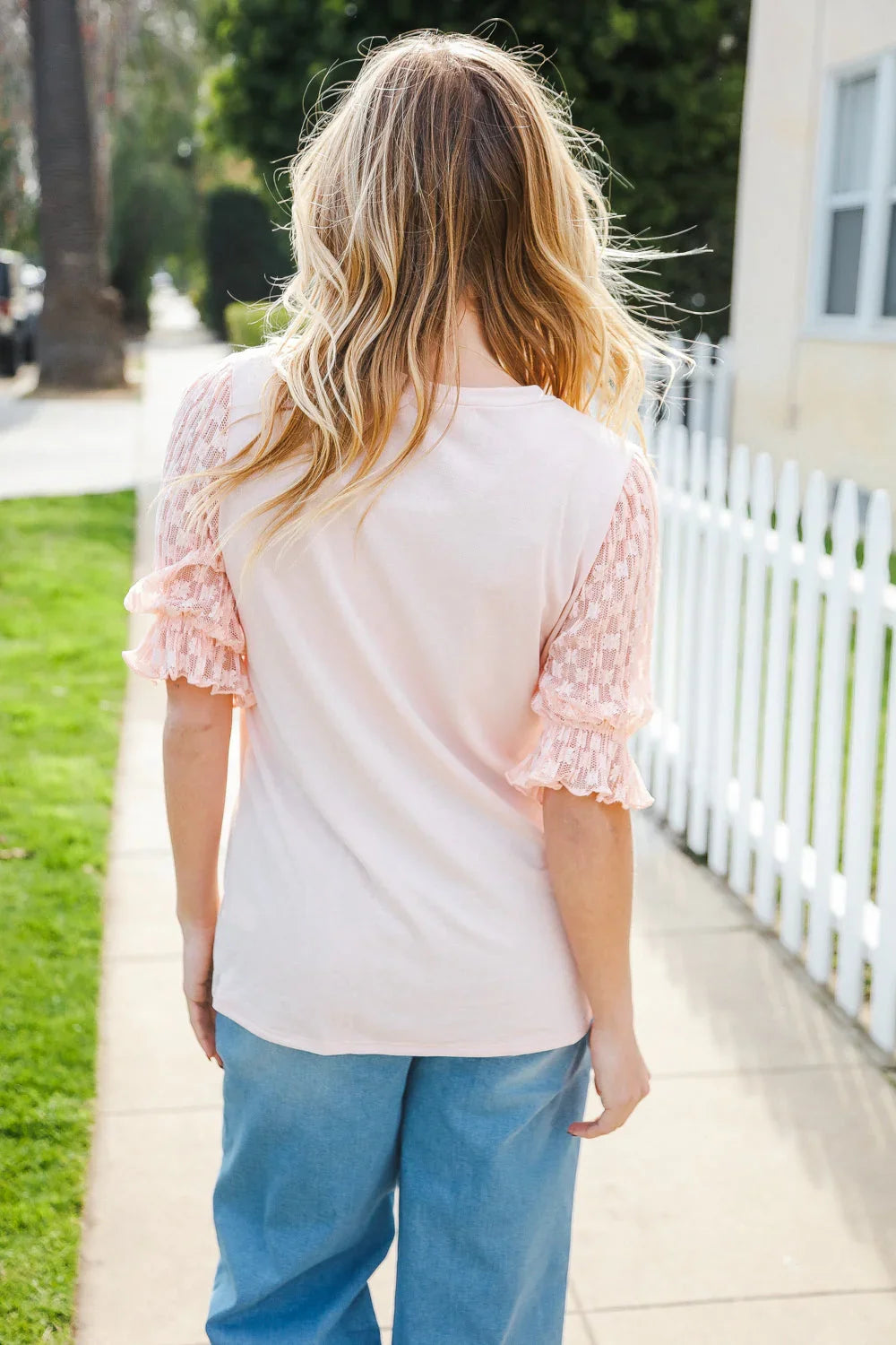 Adorable You Peach French Terry Lace Sleeve Top | Daverri Fashions