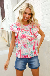 Southern Nights Pink Contrast Binding Floral Flutter Sleeve Top | Daverri Fashions