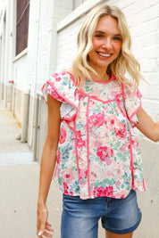 Southern Nights Pink Contrast Binding Floral Flutter Sleeve Top | Daverri Fashions