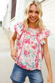Southern Nights Pink Contrast Binding Floral Flutter Sleeve Top | Daverri Fashions