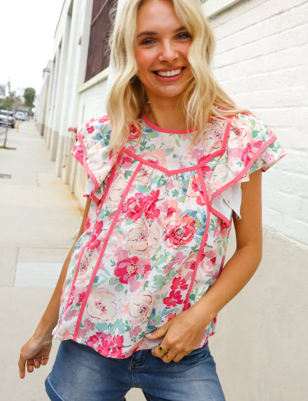Southern Nights Pink Contrast Binding Floral Flutter Sleeve Top | Daverri Fashions