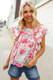 Southern Nights Pink Contrast Binding Floral Flutter Sleeve Top | Daverri Fashions