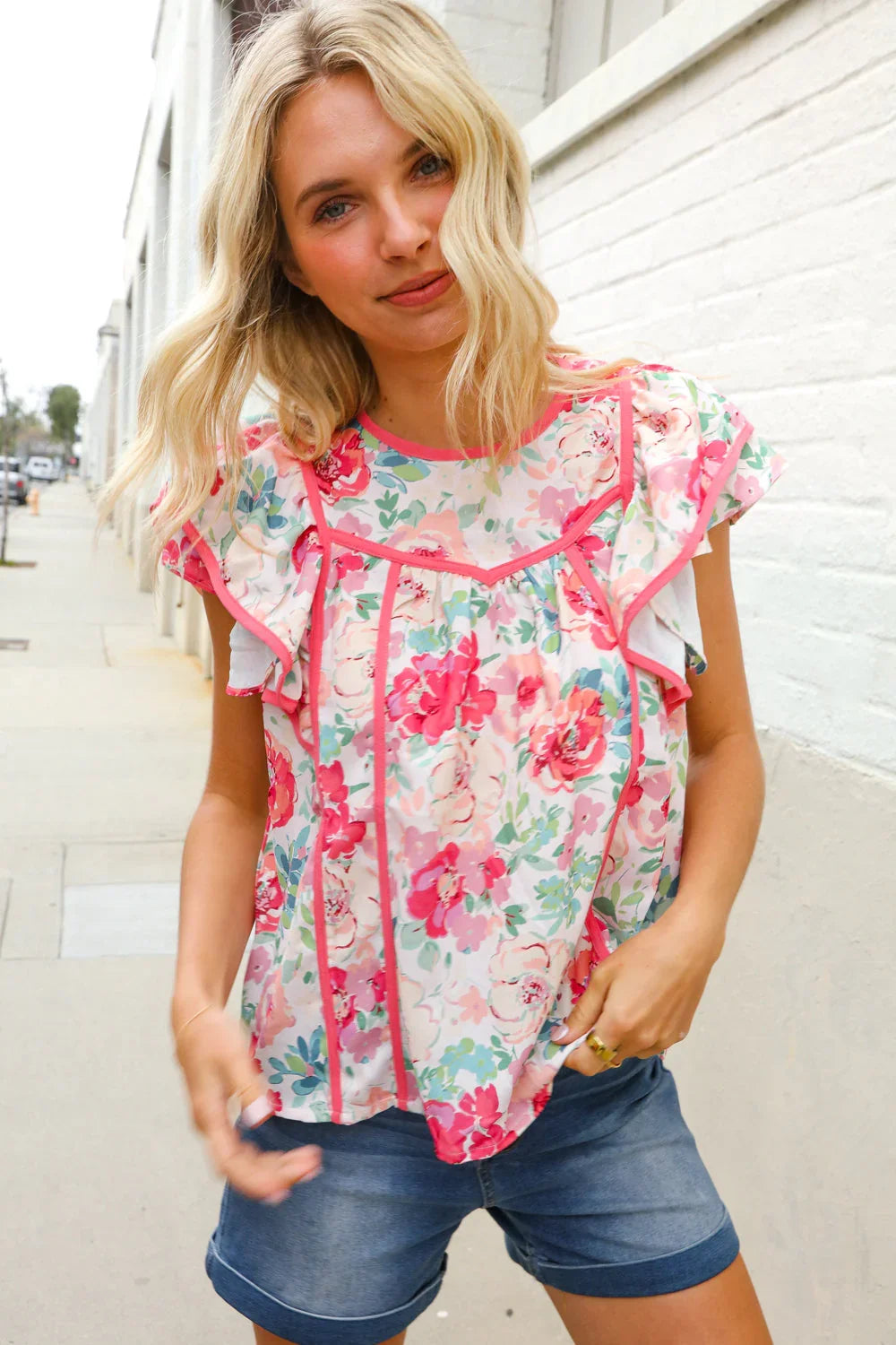 Southern Nights Pink Contrast Binding Floral Flutter Sleeve Top | Daverri Fashions